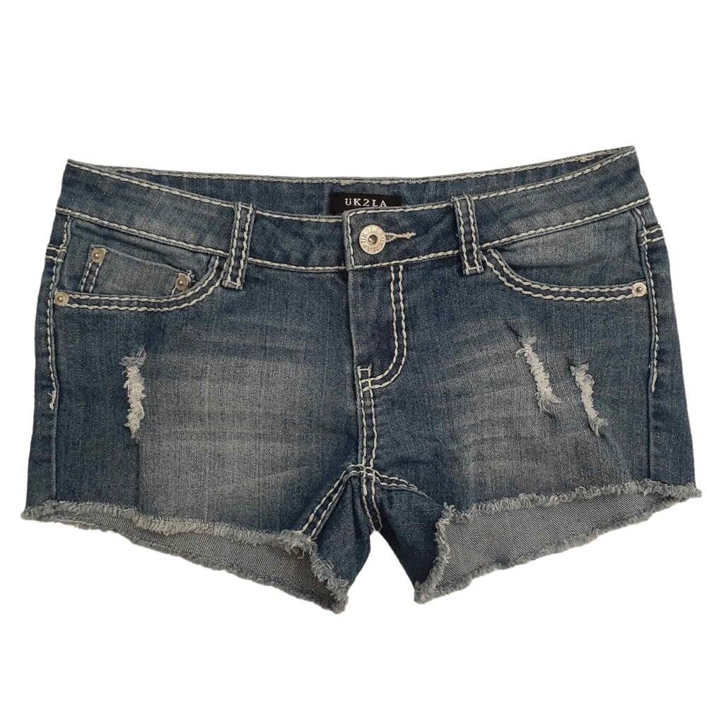 UK2LA womens cut off jean booty shorts 5 blue ripped distressed stretch denim